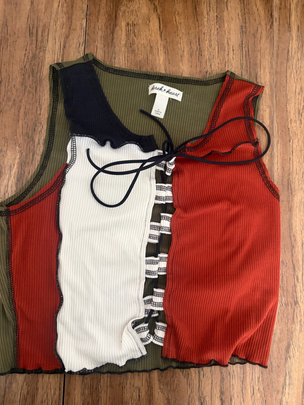 Derek Heart Olive, Rust, White & Black Colorblock Lace-Up Ribbed Crop Top